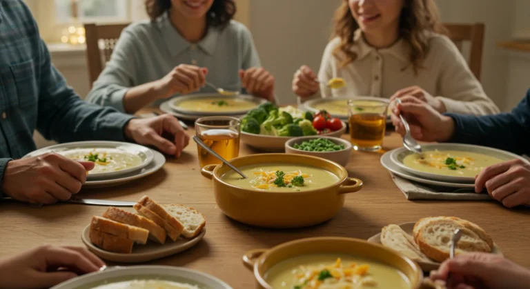 A group of people enjoying bowls of creamy cheddar broccoli soup around a dining table, accompanied by bread and fresh vegetables.