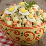 Russian salad: easy recipe 20 A colorful bowl of Russian salad, a classic dish with diced potatoes, carrots, peas, and eggs in a creamy mayonnaise dressing.