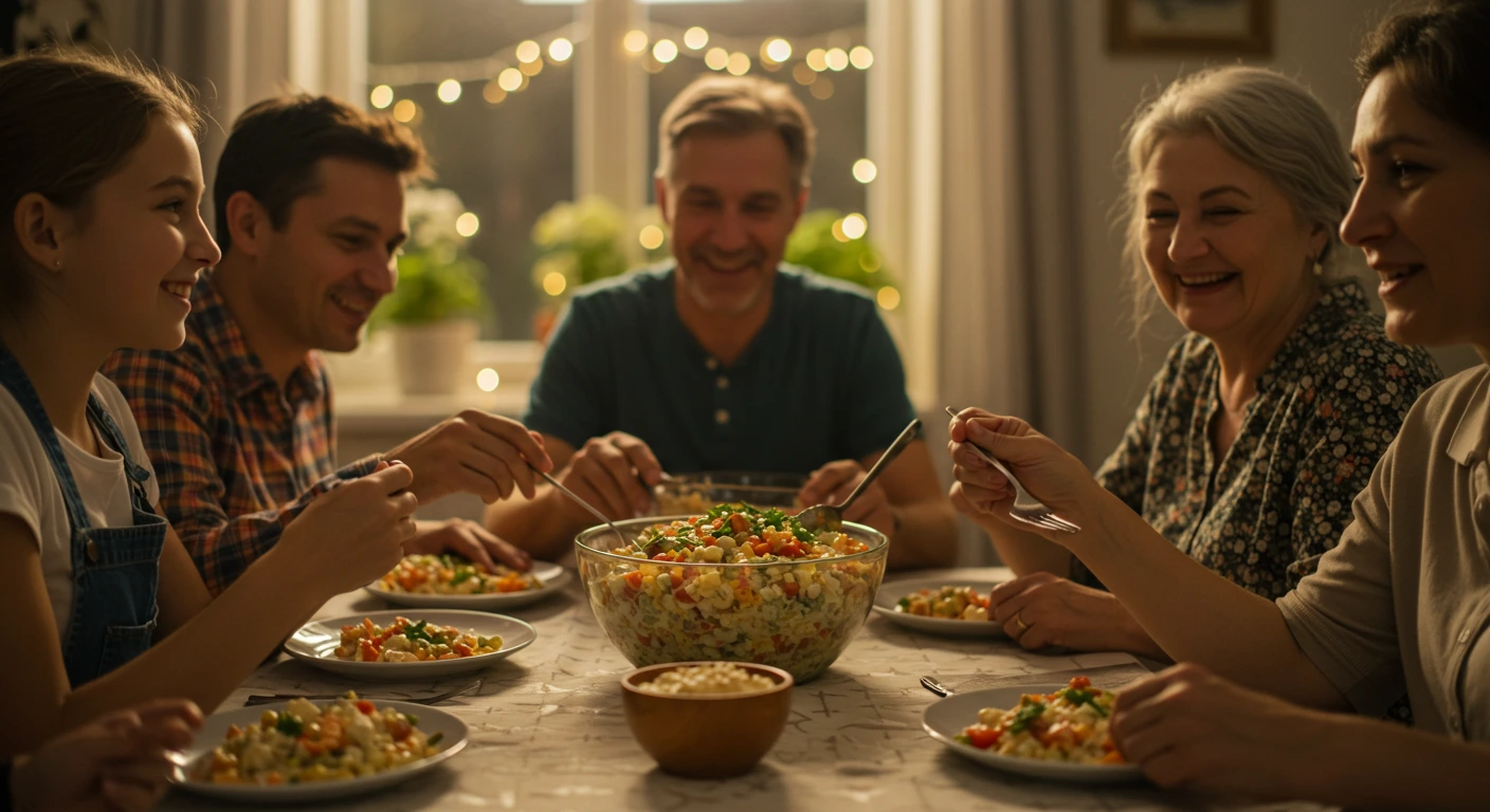 Family enjoying a russian salad (Olivier Salad) together around a table, with a large bowl of salad as the centerpiece and fairy lights in the background creating a cozy ambiance.